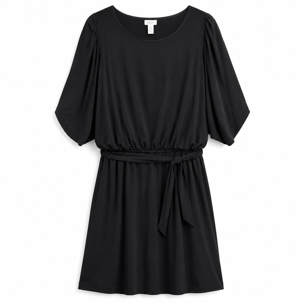 Chicos Womens Size 2 Solid Black Dress Knit Tie Front Midi Dress Classic Minimal